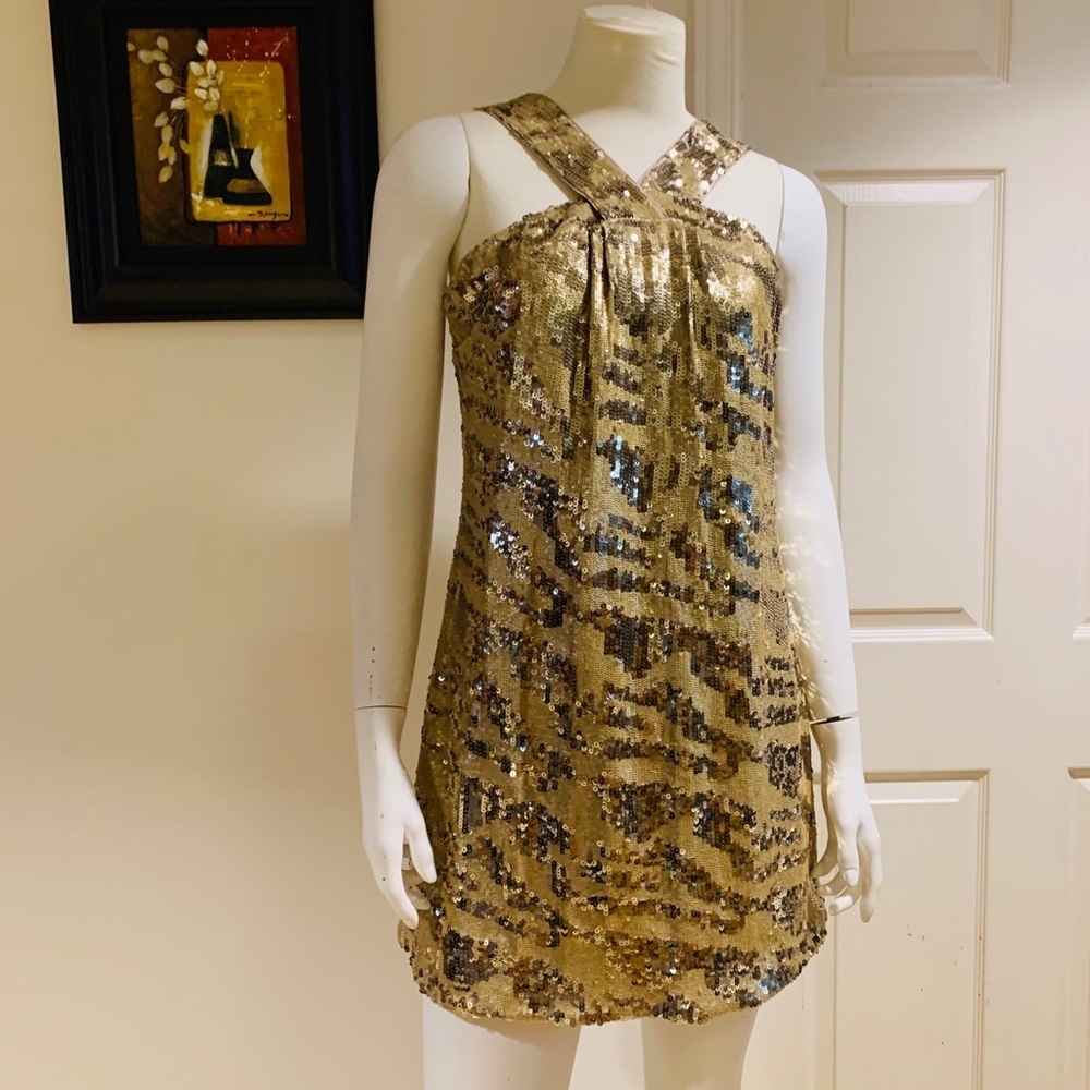 Rachel Zoe Gold Sequinned Halter Dress Size M